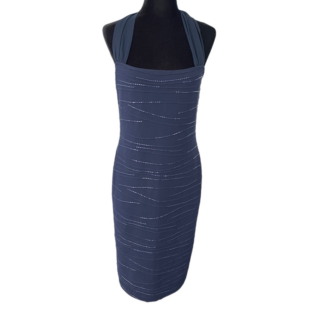 St. John Evening Sequin Knit Sweater Dress Navy Blue Size 8